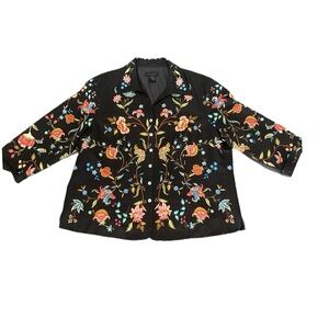 Silk Land Woman Black Textured Embroidered Silk Jacket Size 2X  Floral Beaded